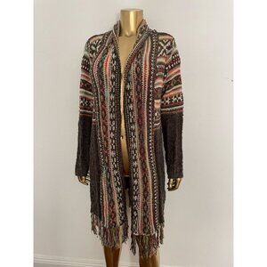 Adora Womens Aztec Boho Western chunky Knit Cardigan Sweater Fringe Hem M/L
